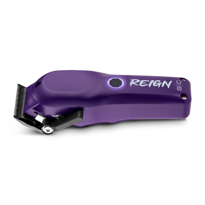 Purple hair clipper with 'REIGN' branding on a white background