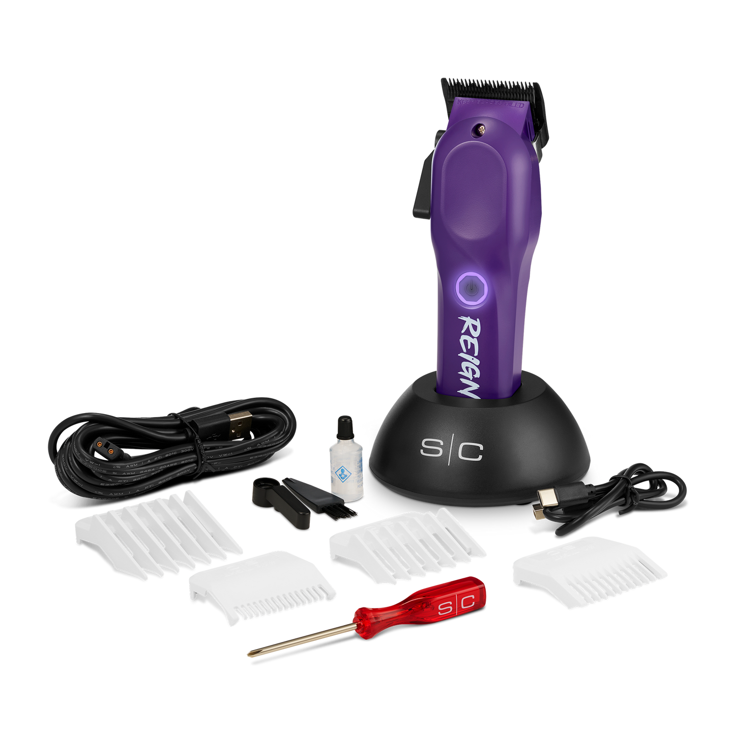 Purple hair clipper set with attachments on a white background