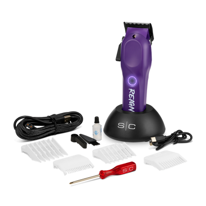 Purple hair clipper set with attachments on a white background