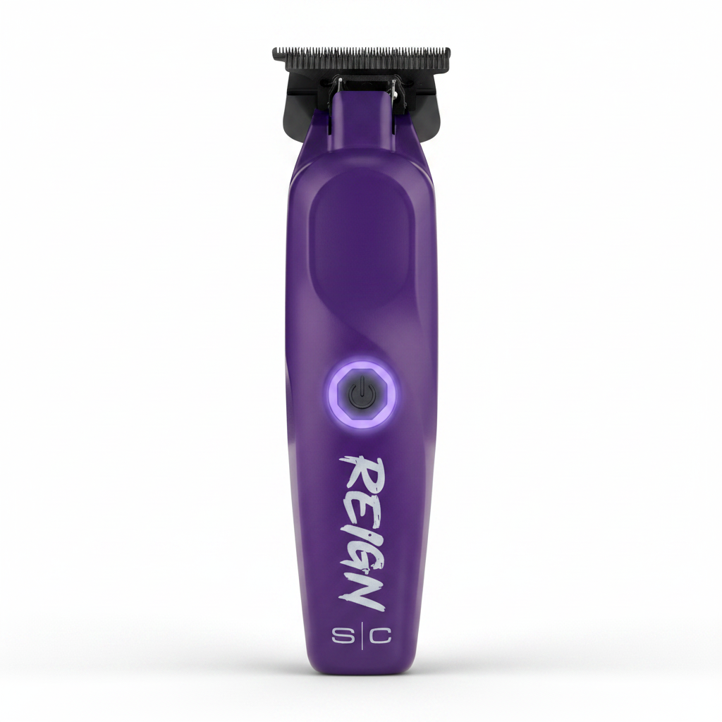 Purple hair trimmer with 'Reign' branding on a white background