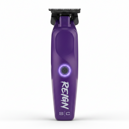 Purple hair trimmer with 'Reign' branding on a white background
