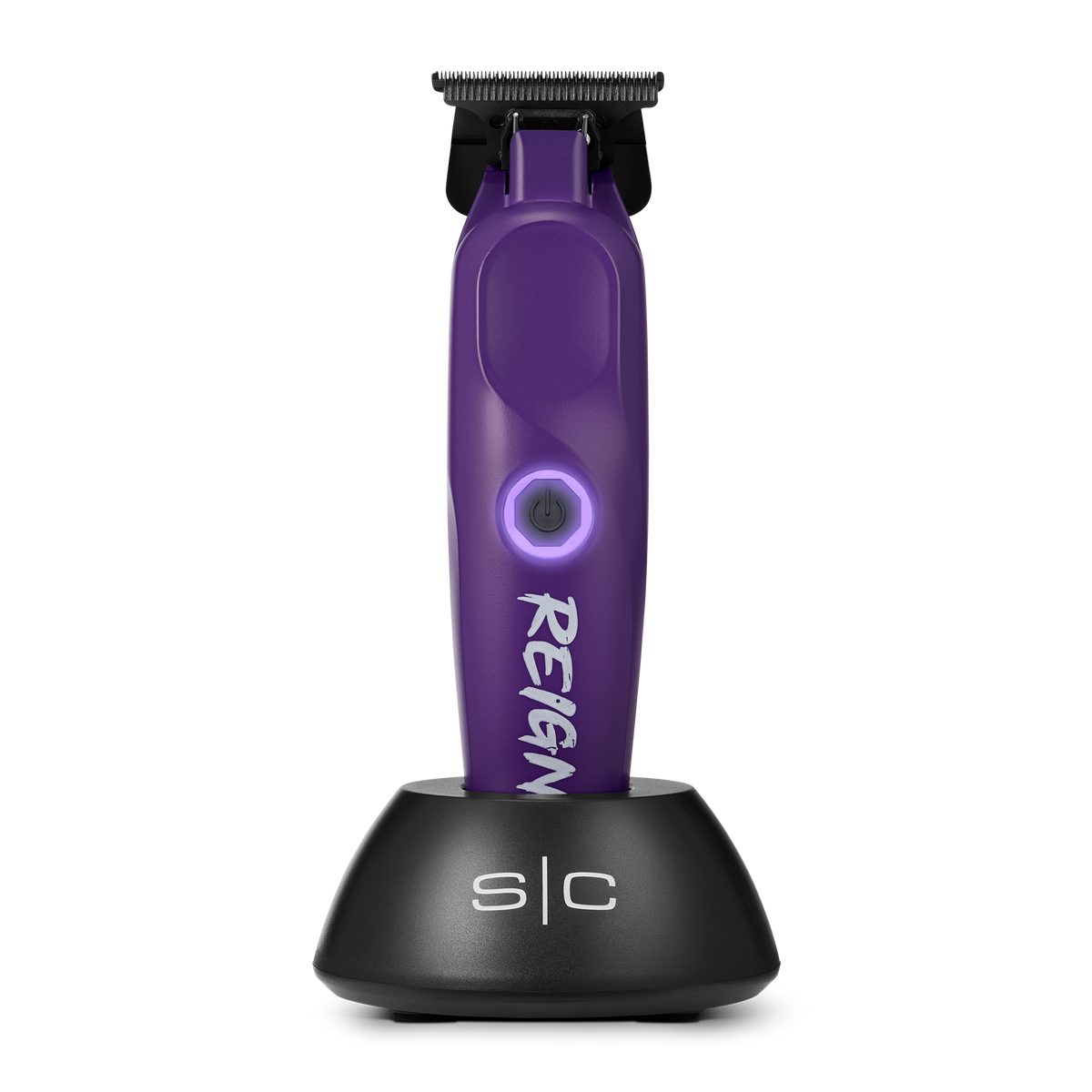 Purple hair trimmer with black stand on a white background