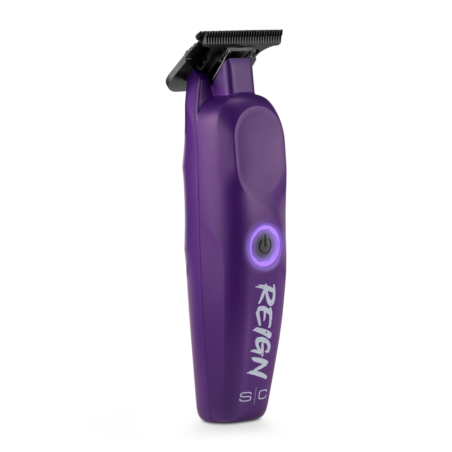 Purple hair trimmer with 'Reign' branding on a white background
