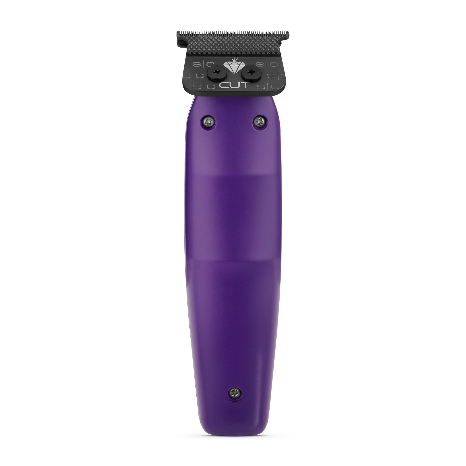 Purple grooming tool with black top on a white background