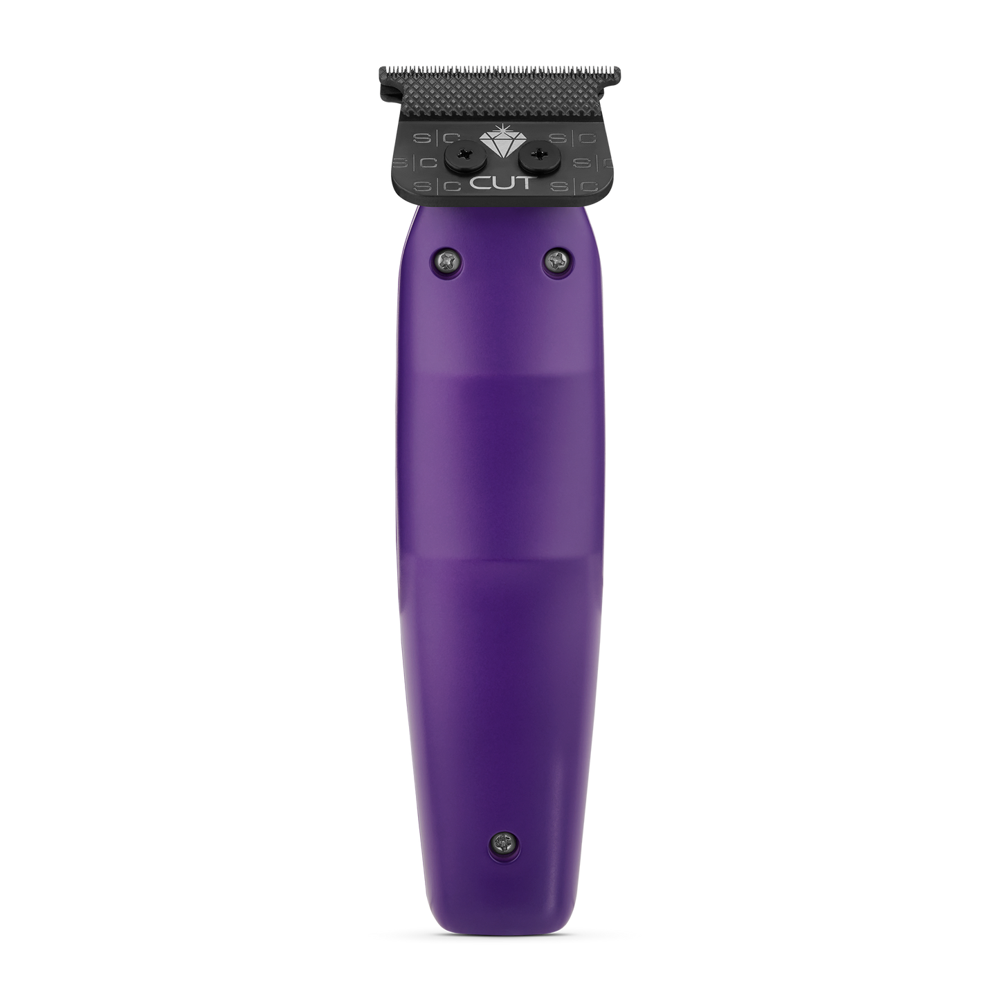 Purple grooming tool with black top on a white background