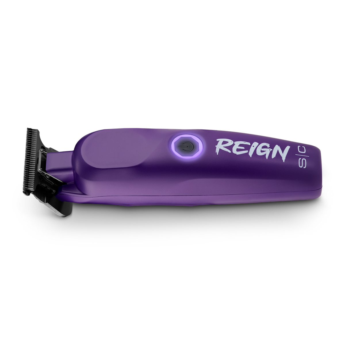 Purple hair trimmer with 'REIGN' branding on a white background