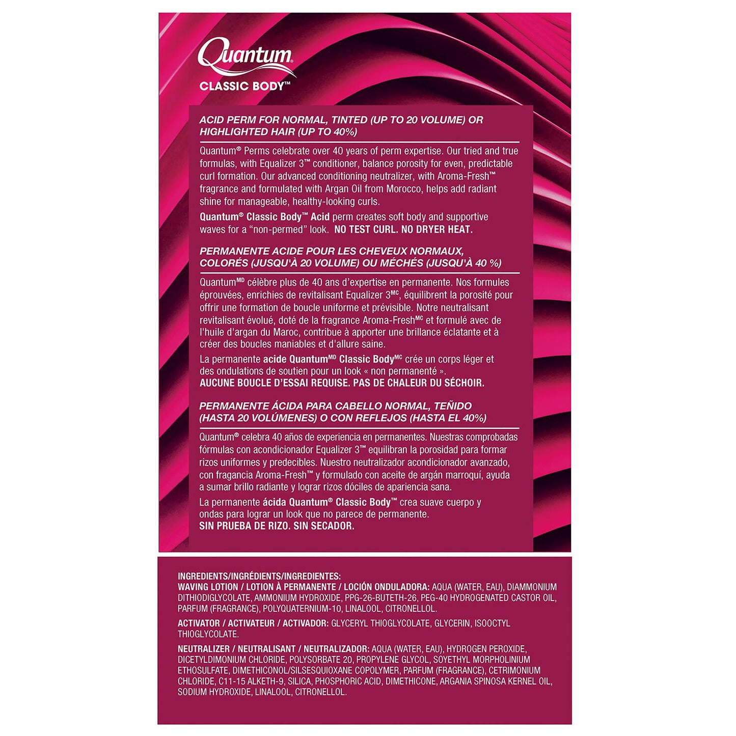The back of a Quantum Classic Body hair removal product package, featuring product descriptions, ingredients, and directions in English and Spanish on a white background with a magenta gradient header.