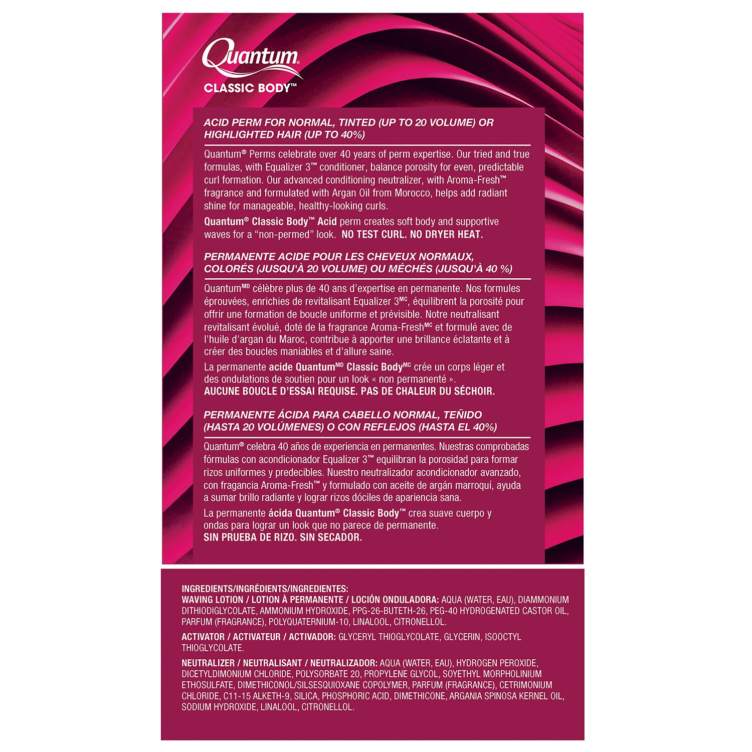 The back of a Quantum Classic Body hair removal product package, featuring product descriptions, ingredients, and directions in English and Spanish on a white background with a magenta gradient header.