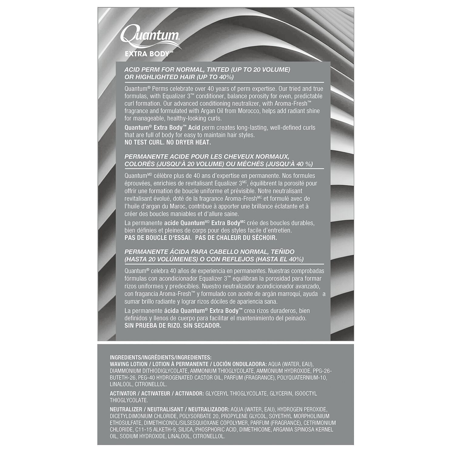 A product information card for Quantum Extra Body Acidsaline for normal, tinted, or highlighted hair, showing English and French descriptions and ingredients on a gray and white background.