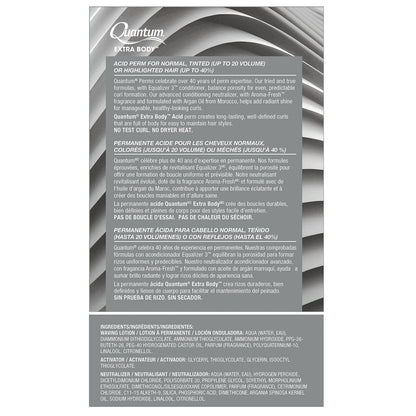 A product information card for Quantum Extra Body Acidsaline for normal, tinted, or highlighted hair, showing English and French descriptions and ingredients on a gray and white background.