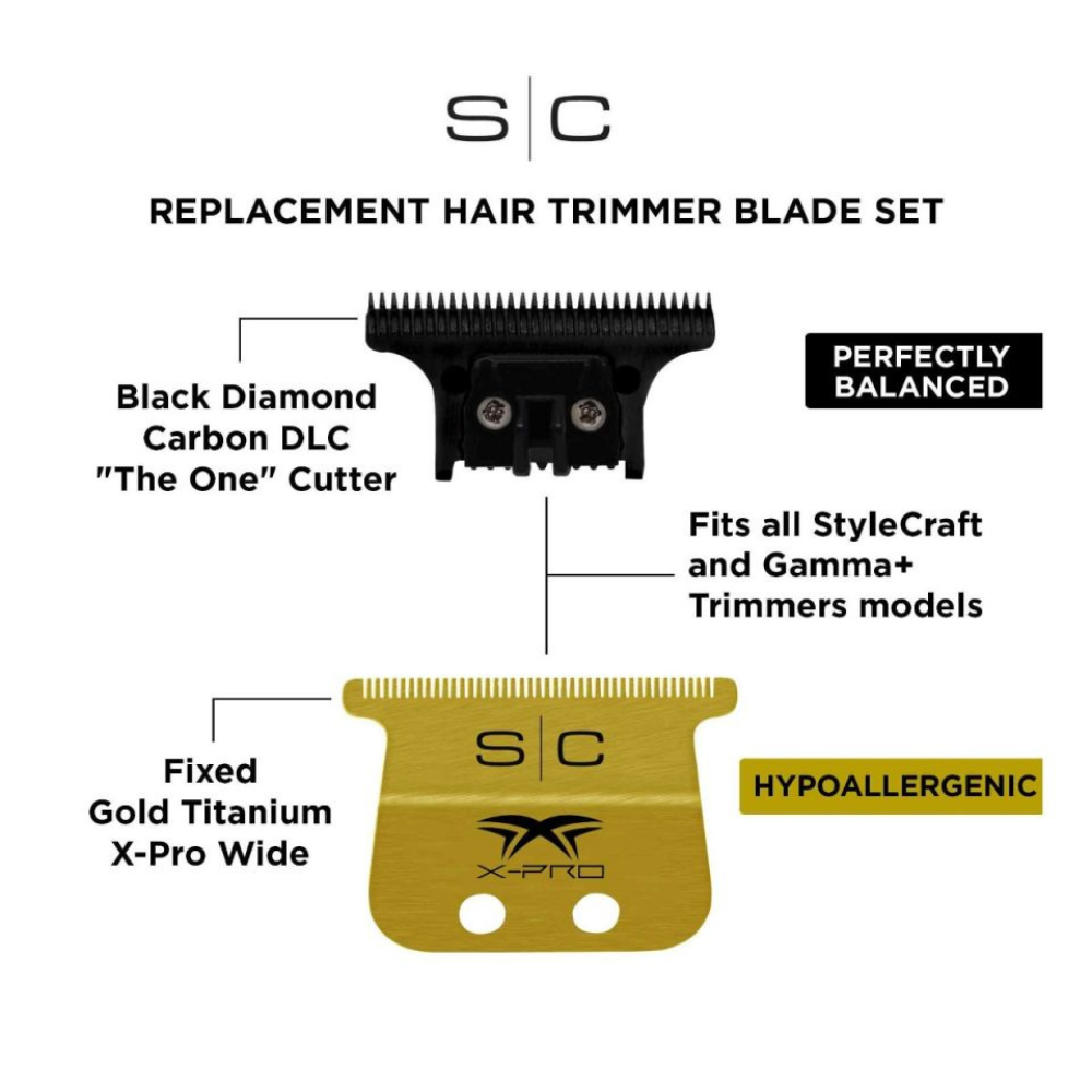 Stylecraft Fixed Gold Titanium X-Pro Wide Hair Trimmer Blade with Black Diamond Carbon DLC The One Cutter Set #SC527GB