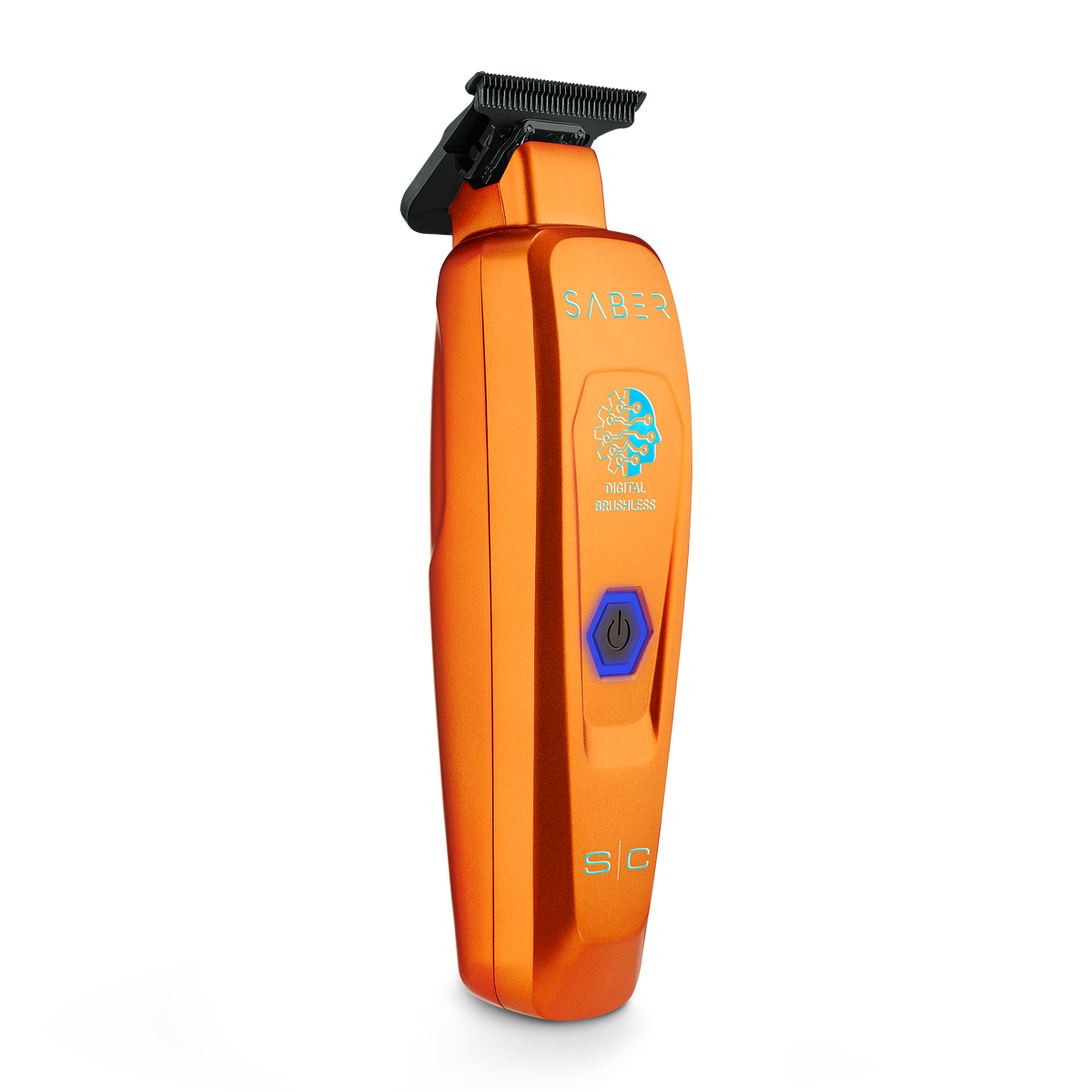 An orange cordless hair clipper with a black blade and a blue power button, shown on a solid white background. The clipper features the brand name 'SABER' and a logo for 'Hairline Pro' printed on its surface.