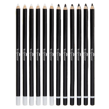 A set of ten black cosmetic pencils with white ferrules and white erasers, arranged in a row on a plain white background. The brand name 'Scalpers' is printed vertically on each pencil.