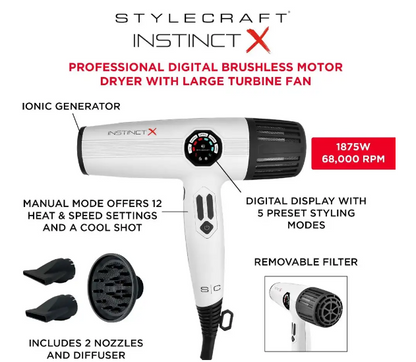 StyleCraft Instinct-X Hair Dryer - Professional Brushless Motor with Digital Display #SC105B