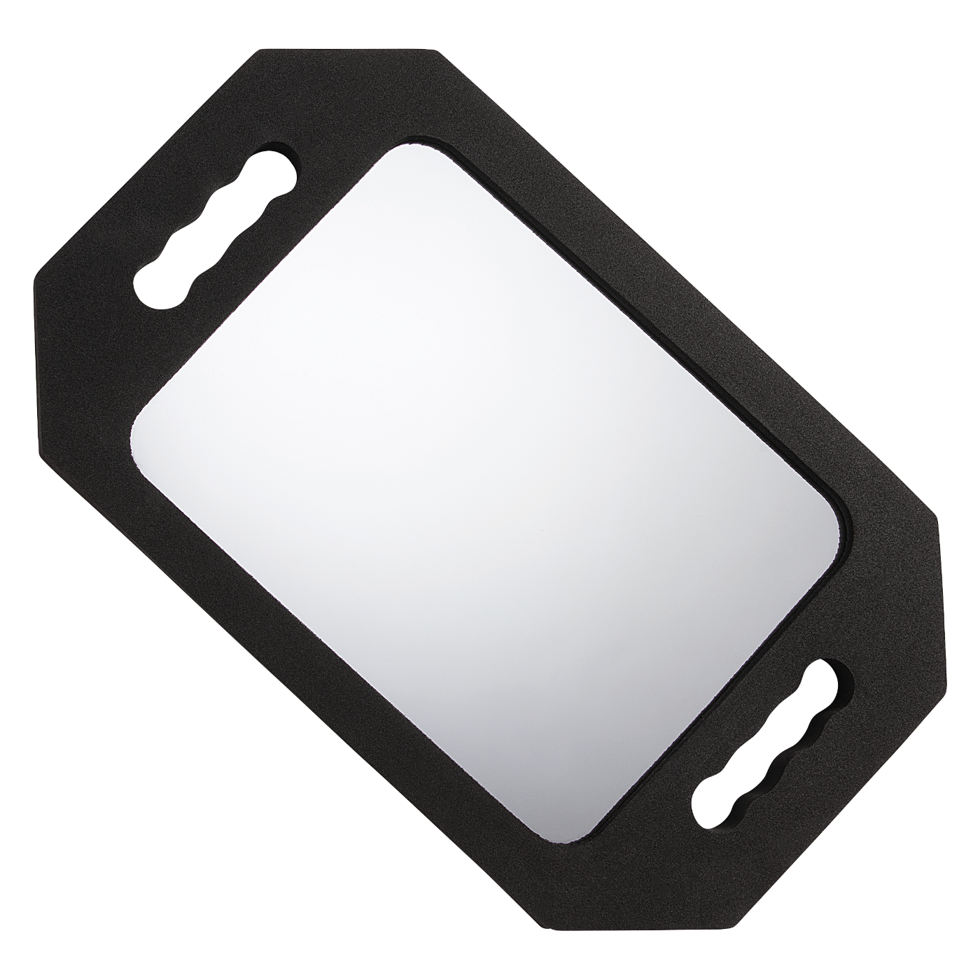A black-framed wall mirror with two decorative cutout handles, shown at an angle on a plain white background.