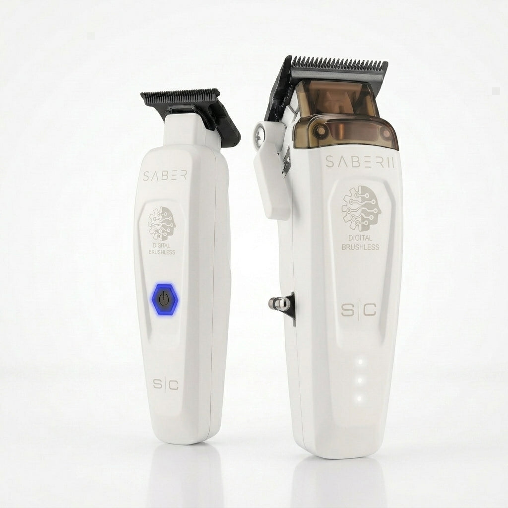 StyleCraft Saber 2 cordless hair clipper and matching Saber detail trimmer in matte white standing side-by-side on a plain white studio background