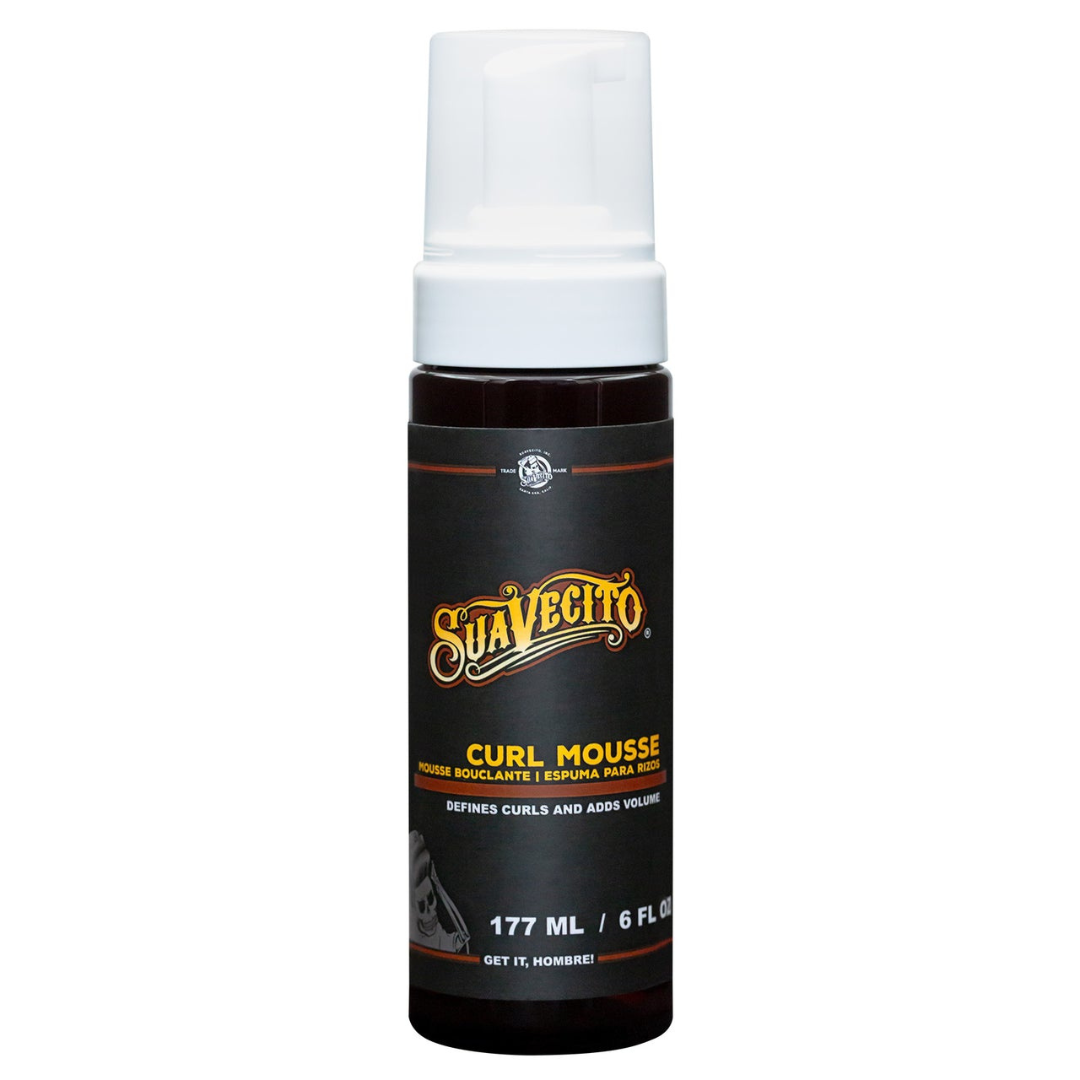 Suavecito Curl Mousse brown bottle with white pump cap on white background