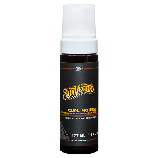 Suavecito Curl Mousse brown bottle with white pump cap on white background