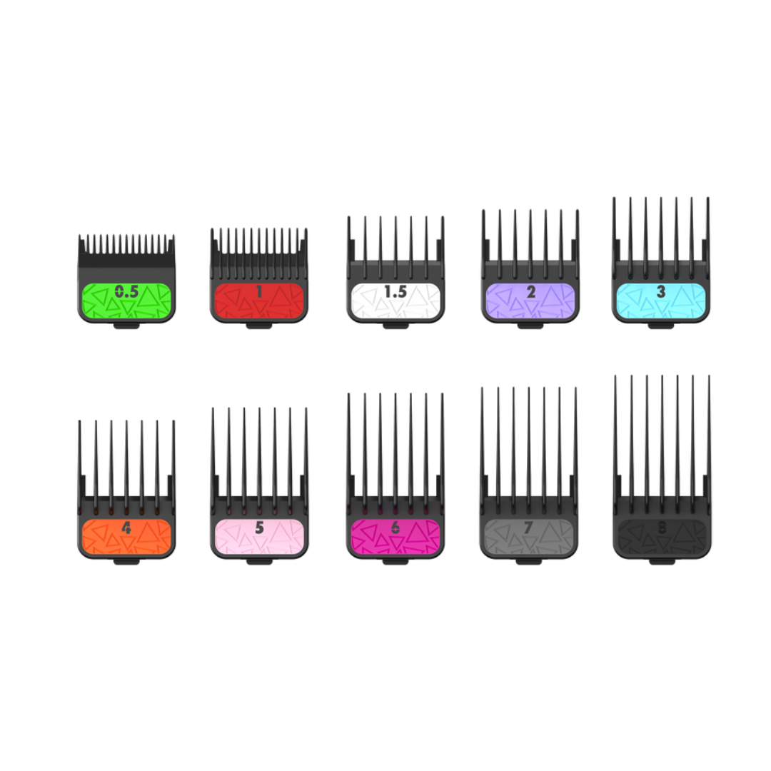 10 color coded black plastic clipper blade guards by TPOB straight on view on white background