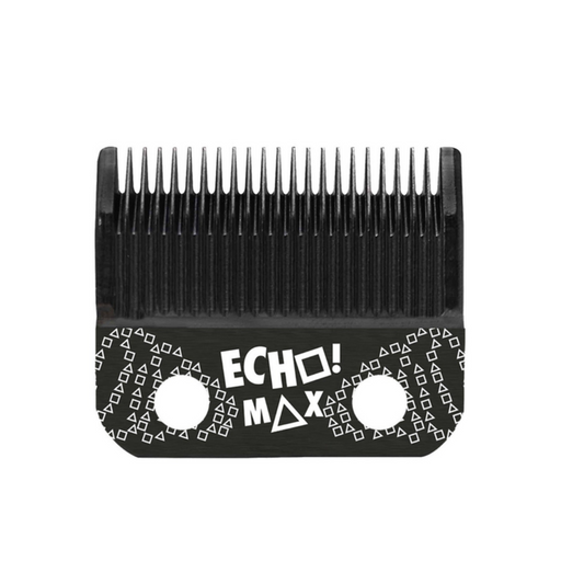 Black clipper blade with white printed 'ECHO MAX' text and geometric patterns, shown on a plain white background.