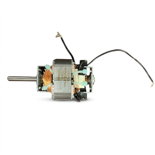 A small metal electric motor with a silver shaft, copper wire coils, and black wires, photographed on a plain white background.
