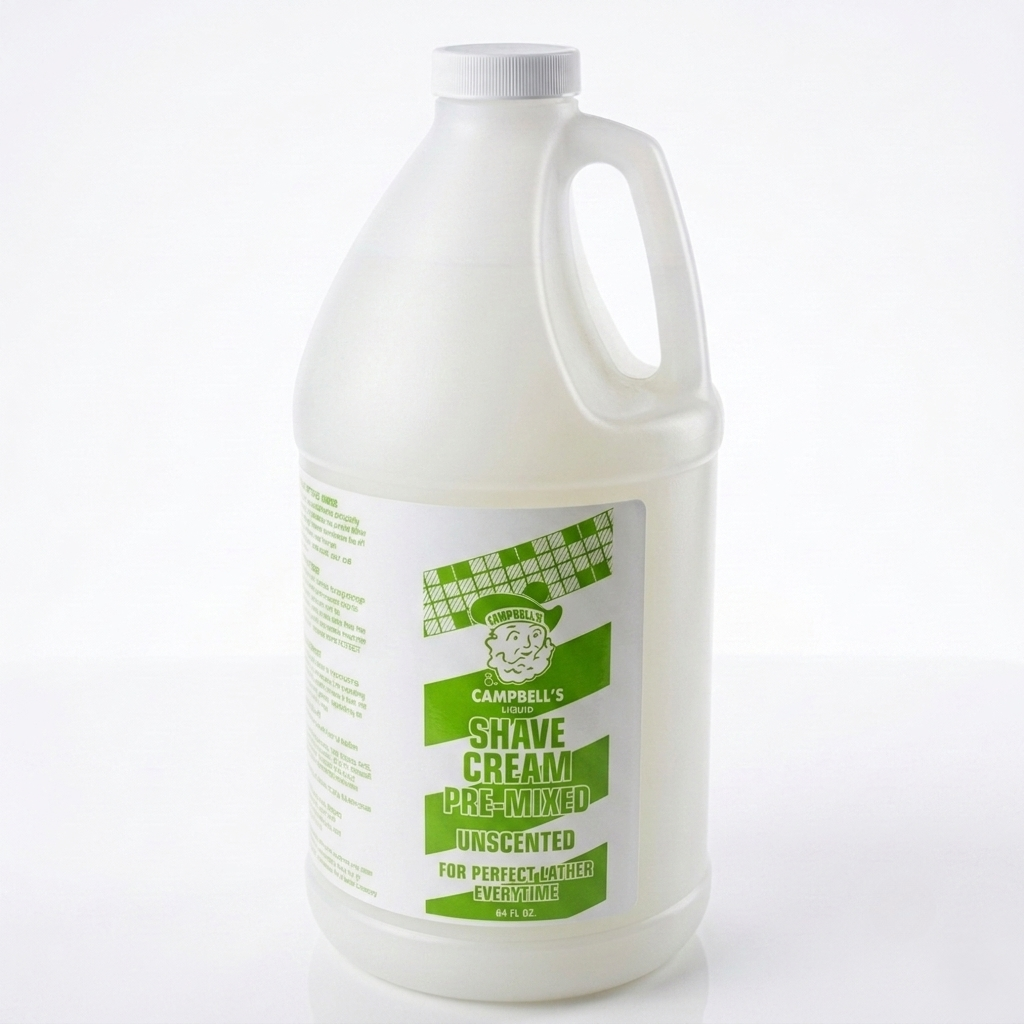 A large white plastic jug of Campbell's Shave Cream Pre-Mixed Unscented, featuring a white and green label with a cow logo, set against a plain white background.
