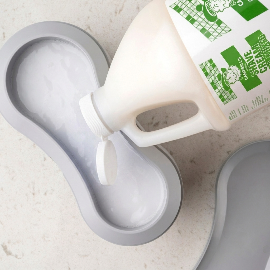 A white squeeze bottle with green and white label graphics is pouring a white gel or cream into a gray silicone mold on a light stone surface.