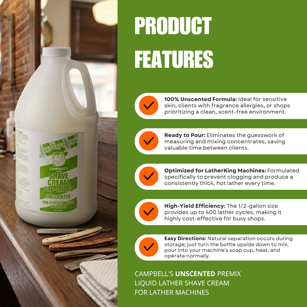 A large white plastic bottle of Campbell's Unscented Premix Liquid Lather Shave Cream for lather machines, shown on a wooden counter next to a green informational panel detailing product features.