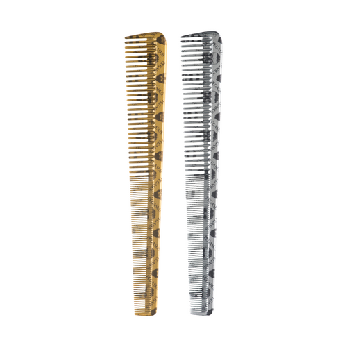 Krest Pegasus Skulleto No. 302 7-1/4” Tapered Cutting Combs in gold and silver on white background