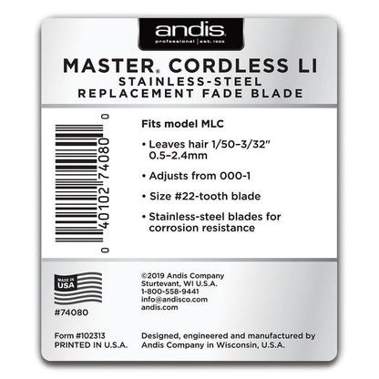 Andis Master Cordless Li Stainless Steel Replacement Blade Adjusts from 000-1 Fits Model MLC #74080