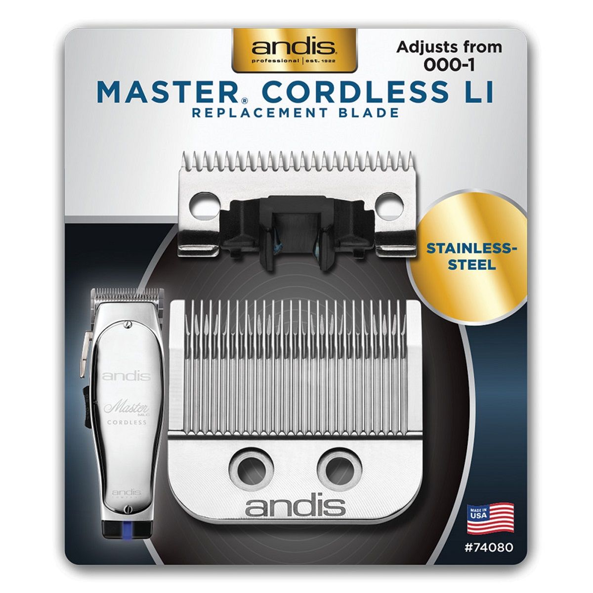 Andis Master Cordless Li Stainless Steel Replacement Blade Adjusts from 000-1 Fits Model MLC #74080