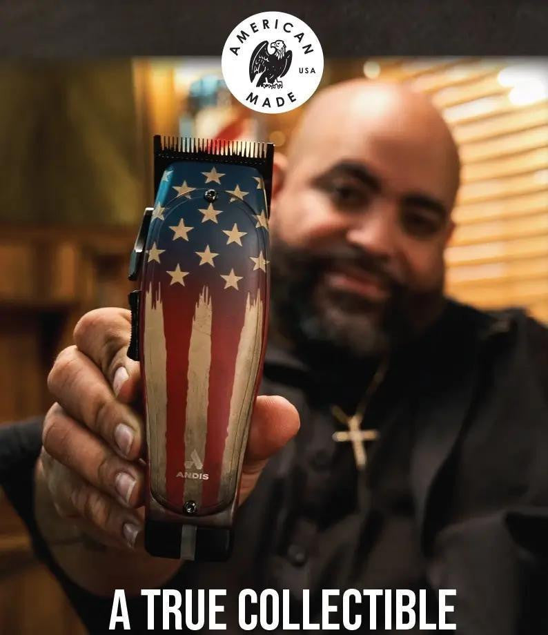 Barber holding American Made Andis Master 1776 Limited Edition clipper, a true collectible tool