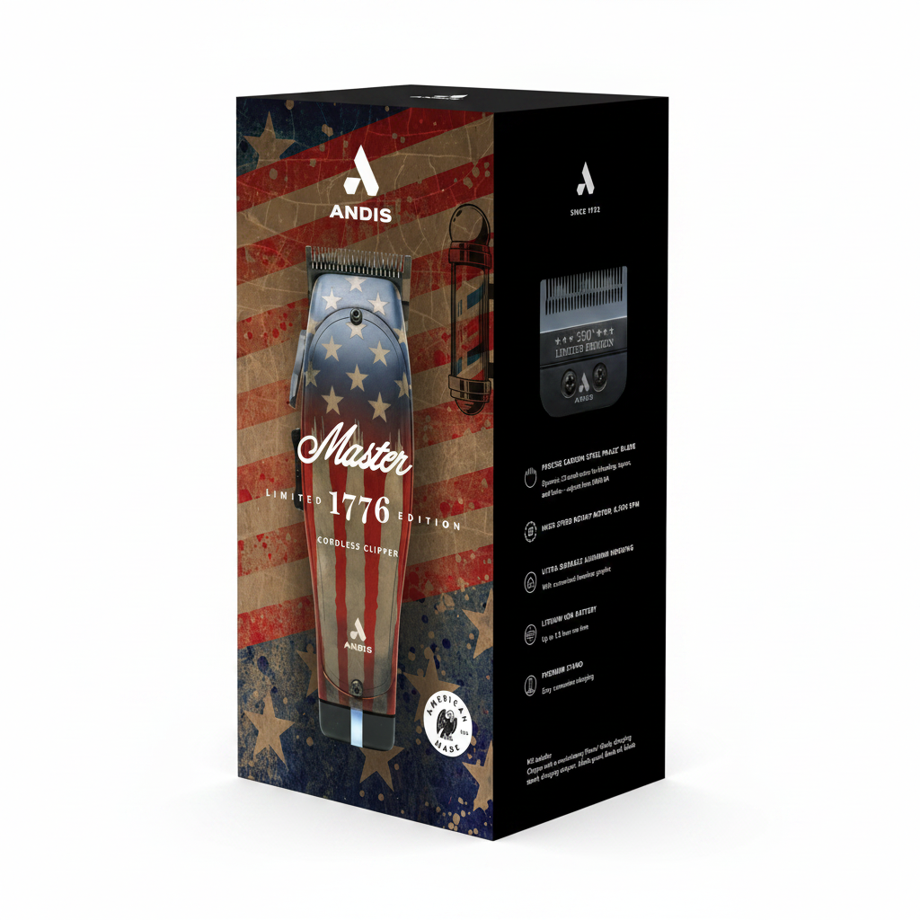 Andis Master 1776 Limited Edition cordless clipper retail packaging box with product specs