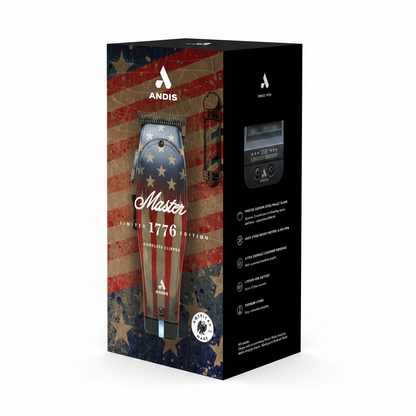 Andis Master 1776 Limited Edition cordless clipper retail packaging box with product specs