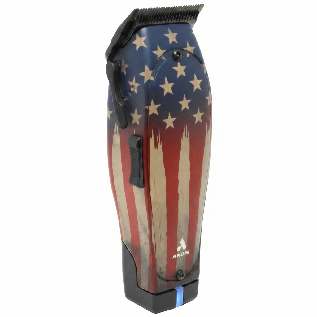 Angled hero shot of Andis Master 1776 cordless hair clipper with stars and stripes finish