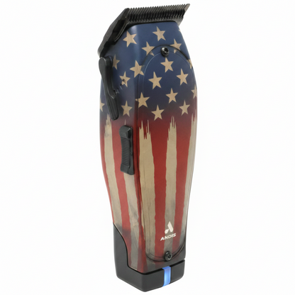 Angled hero shot of Andis Master 1776 cordless hair clipper with stars and stripes finish