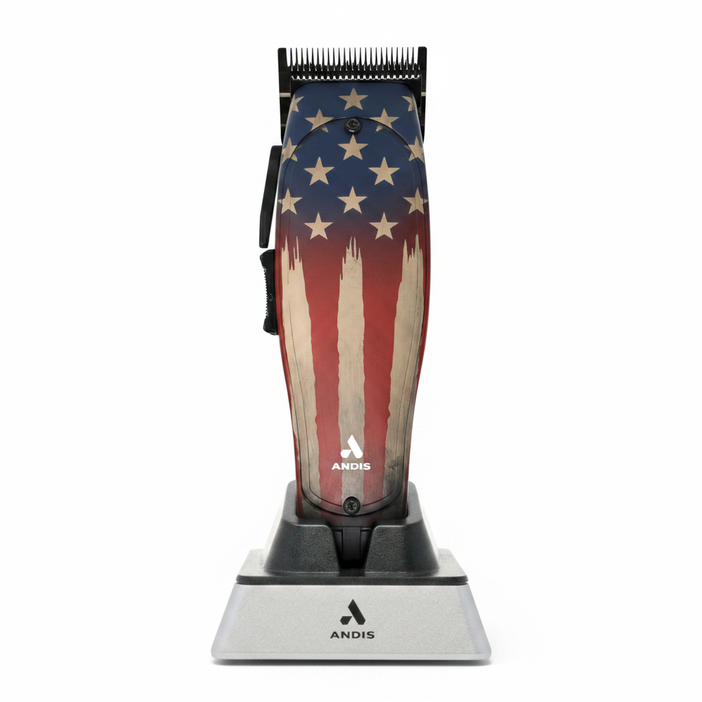 Andis Master 250th 1776 Limited Edition cordless clipper American flag design in charging stand