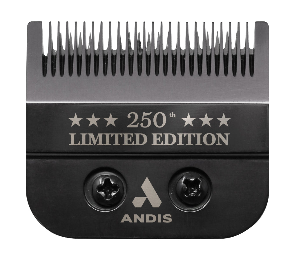 Macro shot of Andis Master clipper blade engraved with 250th Limited Edition and Andis logo