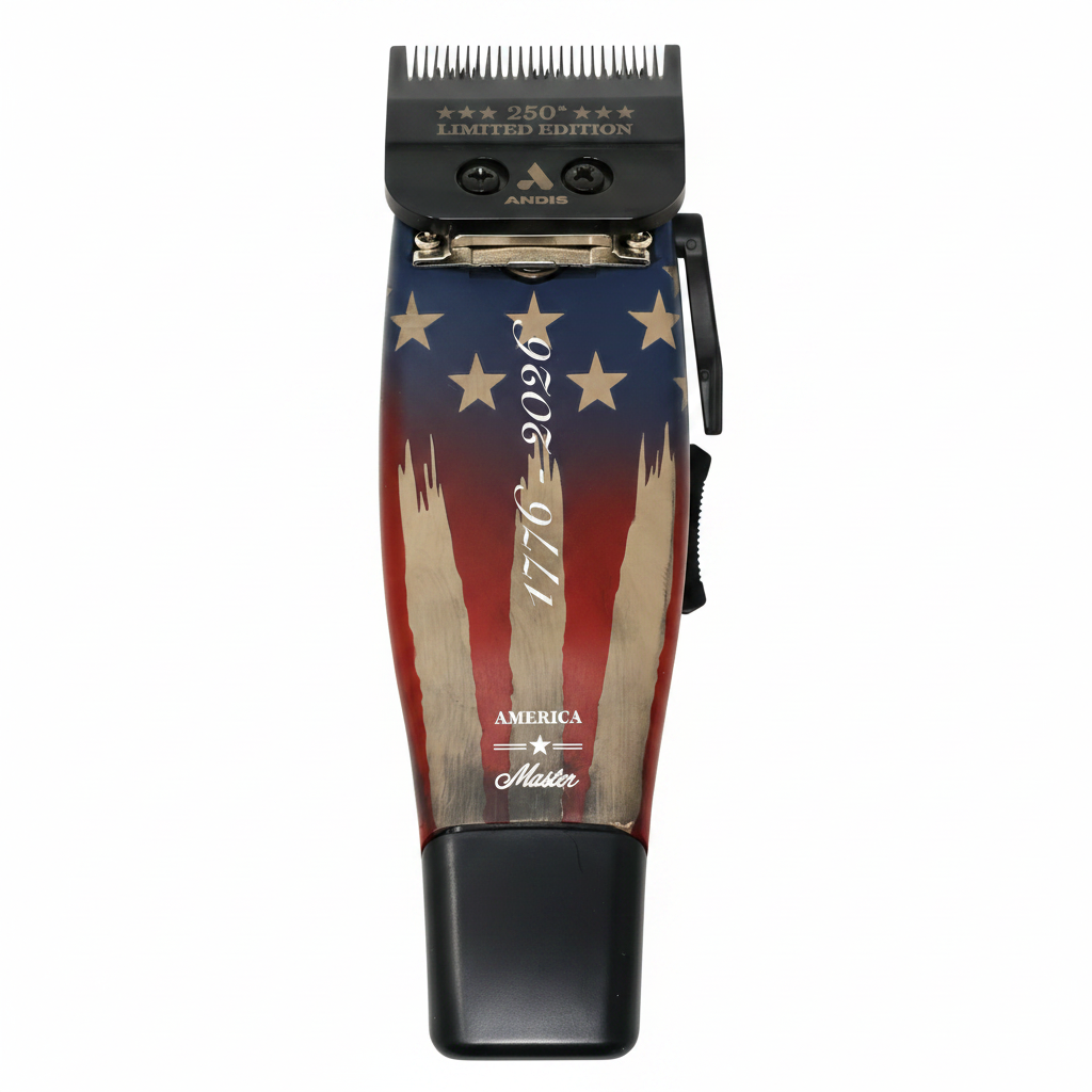 Andis Master clipper back view showing 1776 to 2026 America patriotic engraving and limited edition blade