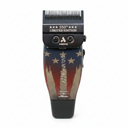 Close up of Andis Master 250th Limited Edition clipper blade with precision cutting teeth