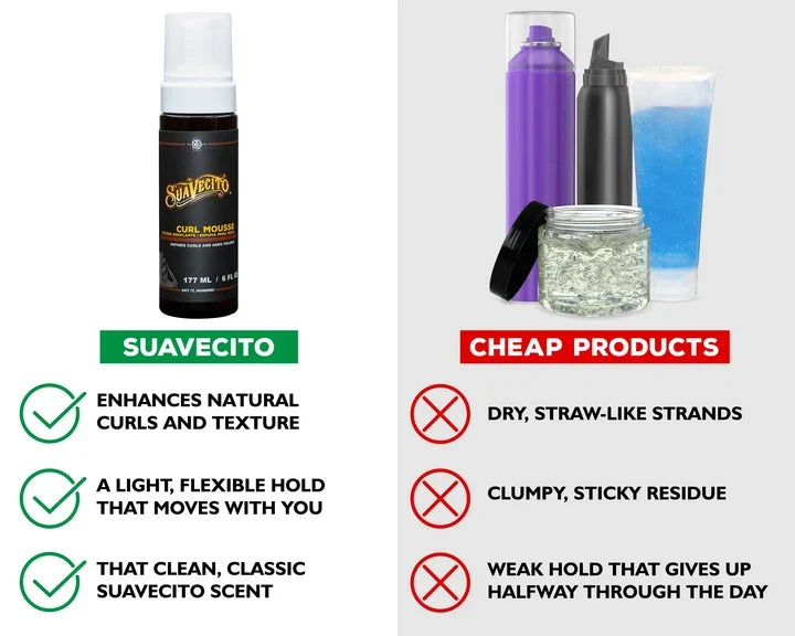 Comparison of Suavecito hair product with 'cheap products' on a white background