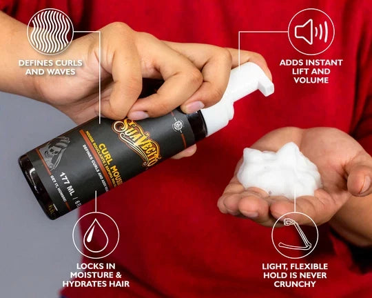 Person holding a bottle of hair product with text highlighting its features on a red background