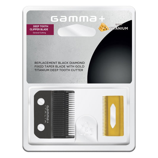 Gamma Replacement Fixed Black Diamond Carbon DLC Taper Hair Clipper Blade With Moving Gold Titanium Deep Tooth Cutter Set GPCRBTS