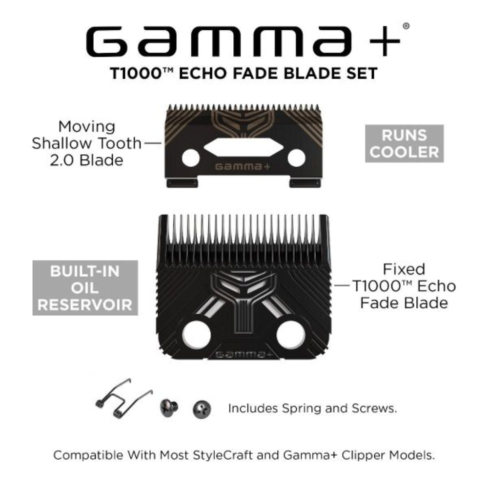 Gamma+ Replacement T1000 Echo Fixed Fade Blade and Shallow 2.0 Clipper Blade Set #GP540B