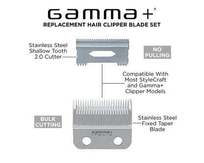 Gamma+ Fixed Stainless Steel Taper Blade with Shallow Tooth 2.0 Cutter Clipper Blade Set #GP539S