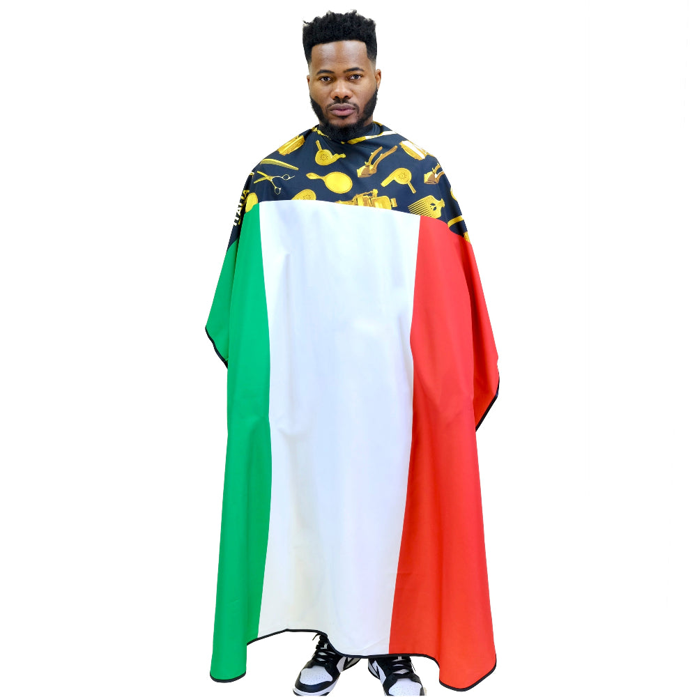King Midas Italy Flag Barber Cape, front view showing the Italian flag print