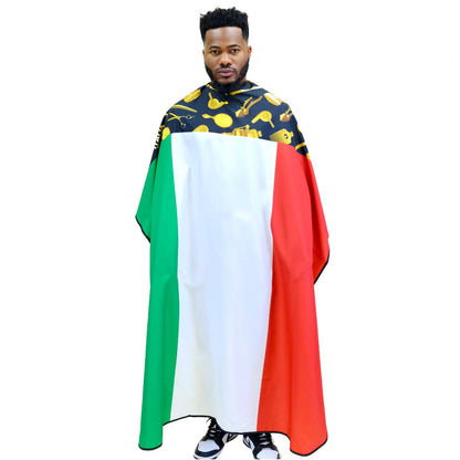 King Midas Italy Flag Barber Cape, front view showing the Italian flag print