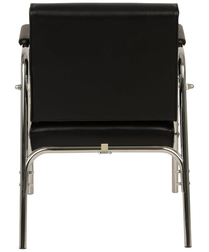 A modern Black shampoo chair  with a chrome tubular metal frame, shown from the back against a white background.