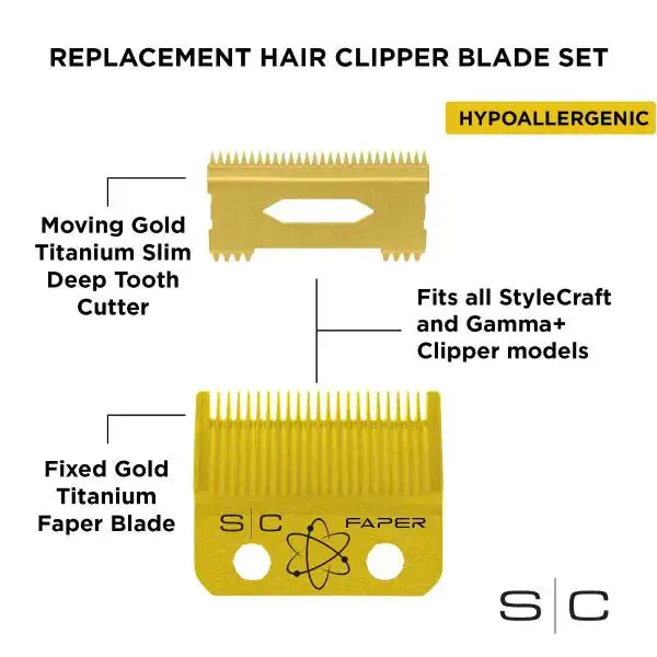 StyleCraft Replacement Fixed Gold Titanium Faper Hair Clipper Blade with Moving Slim Deep Cutter Set #SC525G