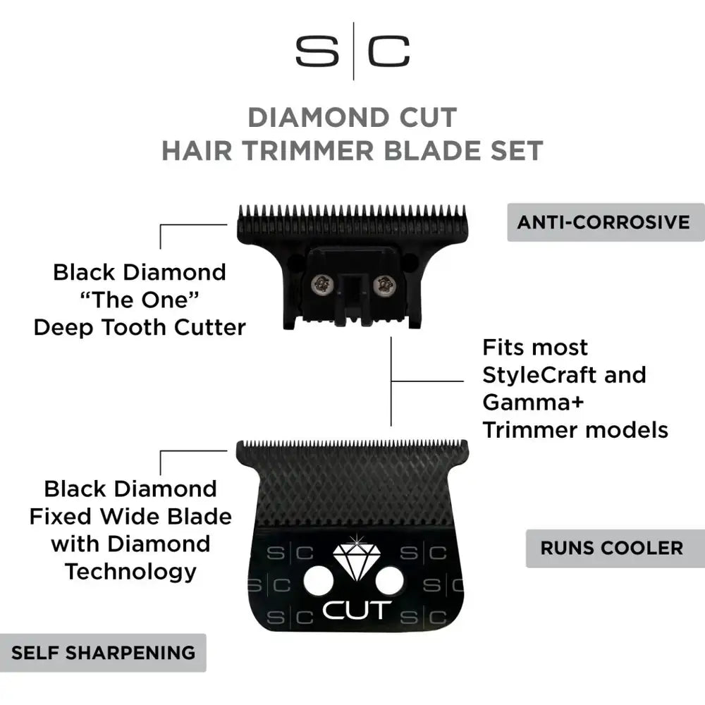 StyleCraft Replacement Diamond Cut Fixed Black Diamond DLC Hair Trimmer Blade with The One Cutter Set SC541B